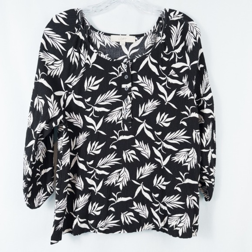 Loft Palm‎ Henley Blouse Crinkle 3/4 Blouson Sleeve Womens Large Black White
